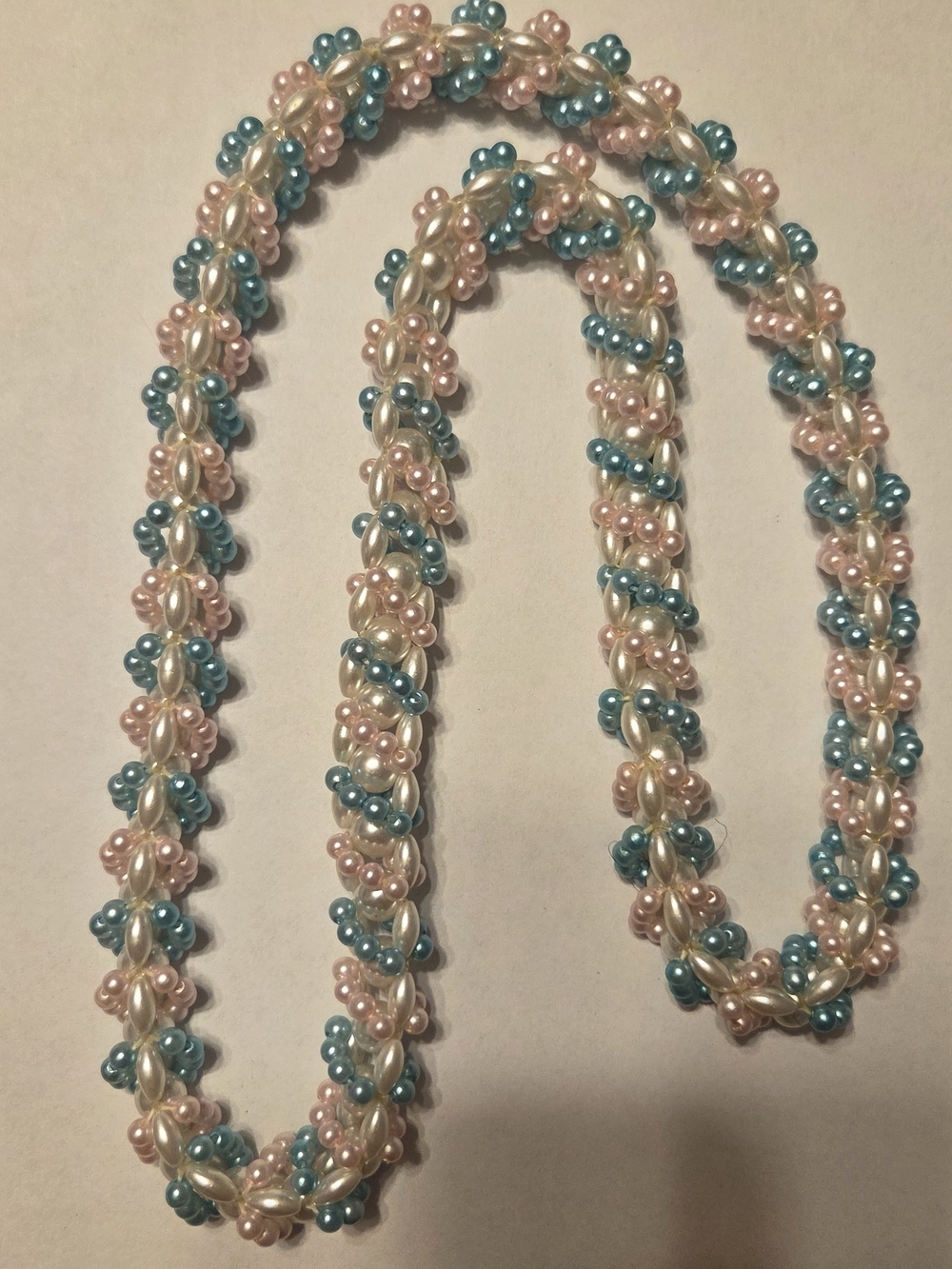 Vintage Rope Pearl Necklace With Pink And Blue